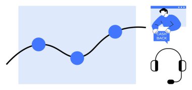 Mavi noktalı grafikler, çevrimiçi nakitle ilgilenen kişi ve kulaklıklar. İş analizleri, müşteri hizmetleri, para iadesi, internet işlemleri, destek sistemleri için idealdir. Basit vektör biçimi