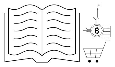 Açık bir kitap, devrelerle bütünleşmiş bir Bitcoin sembolü ve dijital öğrenme ve e-ticareti ima eden bir alışveriş arabası. Modern eğitim için ideal, engelleme teknolojisi, kripto para birimi, e-ticaret