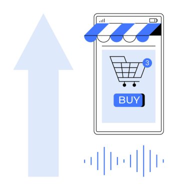 Alışveriş arabalı mobil cihaz, 3 numara ve satın alma düğmesi. Büyüme oku ve ses dalgaları. Çevrimiçi alışveriş, dijital pazarlama, e-ticaret, mobil uygulamalar ve teknoloji için ideal. Modern, temiz, vektör