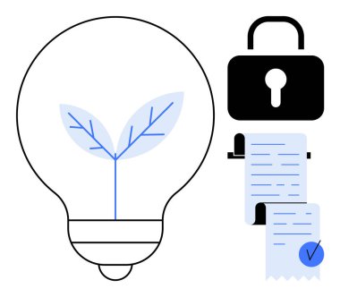 Bitki, kilit ve belgeye sahip ampul sürdürülebilir yenilik ve veri güvenliğini temsil ediyor. Çevre koruma, teknoloji, veri koruma, anlaşmalar ve çevre dostu