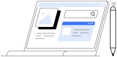 Web sitesi arayüzü, arama barı, alışveriş arabası ve kalemi olan bir laptop. Modern çizgiler. Ekommerce, üretkenlik, teknoloji, dijital pazarlama, çevrimiçi öğrenme için ideal. Yumuşak mavi ile temiz vektör tasarımı