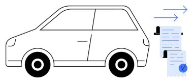 Üzerinde ok ve işaret olan iki belge olan bir araba. Araç tamiri, bakım, onay süreci, ulaşım ve otomotiv hizmeti temaları için ideal. Basit satır sanatı tarzı