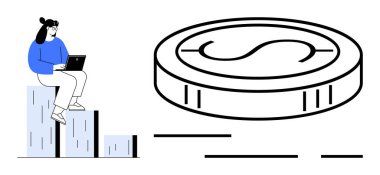 Çubuk grafikte büyük bir madeni para sembolünün yanında oturan biri. Finansal büyüme, yatırım, iş analizi, ekonomik trendler ve teknoloji entegrasyonu temaları için ideal. Basit.