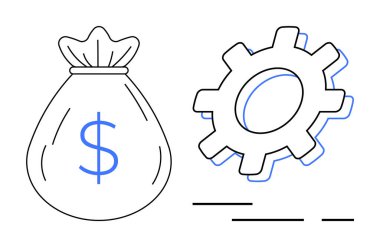 Vitesin yanında dolar sembolü olan bir para çantası resmi. Finans, yatırım, ekonomi, iş ve verimlilik için ideal. Vurgu için mavi renklerle vurgulanmış basit çizgi sanatı tarzı