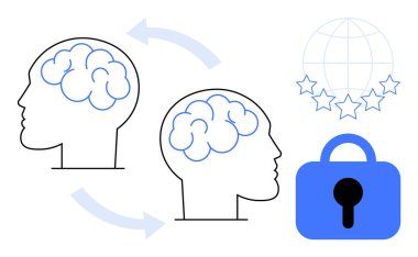 Beyin hatları oklarla birbirine bağlı iki insan kafası yıldızlı bir küre ve bir kilit iletişim küresel bağlantı veri güvenliği ve bilgi paylaşımını temsil ediyor. Teknoloji eğitimi için ideal
