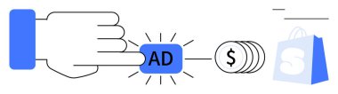 Madeni paralara ve bir alışveriş çantasına giden reklam tuşuna basan bir el. Reklam, online alışveriş, para, pazarlama ve e-ticaret konuları için ideal. Minimalist, temiz ve modern stil.