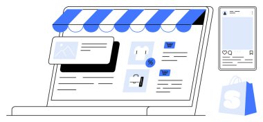 Bir dizüstü bilgisayar ekranında bir mağaza önü açık, yanında bir akıllı telefon, sergilenen alışveriş ikonları ve mavi bir alışveriş çantası. E-ticaret, çevrimiçi perakende, dijital pazarlama, mobil alışveriş, web tasarımı için ideal