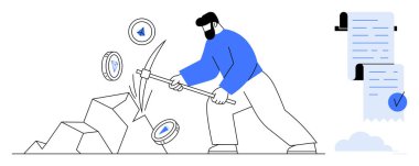 Mavi gömlekli bir adam kazmalı kripto para çıkarırken dijital kontrat parşömenleri yakınlarda. Engelleme zinciri, kripto para birimi, finans, dijital sözleşmeler ve fintech için ideal