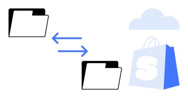 İki klasör sol-sağ ok, bir bulut ve bir alışveriş çantası sembolü. Veri transferi, bulut depolama, ecommerce, dijital organizasyon ve minimalist vektör tarzında çevrimiçi iş için ideal