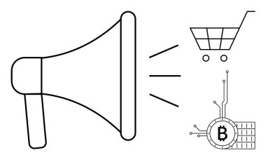 Dijital pazarlamayı sembolize eden bir megafon bir alışveriş arabası ve bir Bitcoin parasının yanında gösteriliyor. Reklam, e-ticaret, kripto para, finans teknolojisi, online alışveriş için ideal. Basit satır