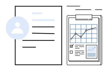 İki belge yan yana yerleştirilir, birinde kullanıcı simgesi ve metin, diğerinde ise satır grafiği ve kontrol listesi vardır. İş, veri analizi, raporlar, kullanıcı profilleri ve organizasyon için ideal