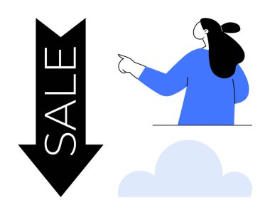 Kadın, solda aşağıya bakan bir satış okunu işaret ediyor. Altında da bir bulut var. Pazarlama, satış promosyonu, perakende reklamcılık, online alışveriş, mevsimlik indirimler için ideal. Basit modern.
