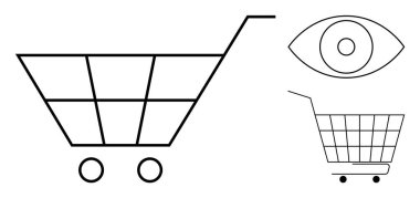 Alışveriş arabalarının minimalist çizimleri ve bir göz sembolü. Çevrimiçi alışveriş, e-ticaret, tüketici davranışı, pazarlama sezgileri ve gözetim temaları için ideal. Basit, modern, temiz