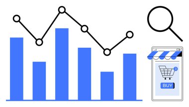 Çubuk grafik ve çizgi çizelgesi iş veri eğilimlerini ve analizlerini gösteriyor. Büyüteç ve seyyar mağaza önü, alışveriş arabası ve satın alma düğmesi. Ticari, ekomünikasyon, finans, istatistik için ideal