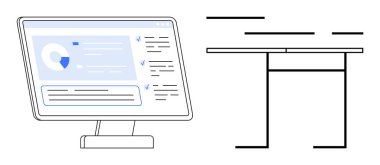 Minimalist bir masanın yanında veri gösteren bilgisayar ekranı teknoloji, çalışma alanı organizasyonu, verimlilik, veri analizi ve modern tasarım temalarının altını çizmektedir. Ofis ayarları için ideal