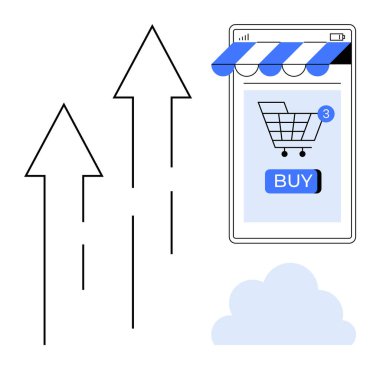 Alışveriş arabası uygulamalı mobil cihaz ve büyümeyi gösteren oklar. Bulut simgesi bağlantıyı sembolize eder. Çevrimiçi alışveriş, e-ticaret, mobil uygulamalar, büyüme eğilimleri, dijital bağlantı için ideal. Temiz