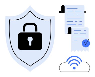 Asma kilitli kalkan, işaretli belgeler ve kablosuz sembollü bir bulut. Siber güvenlik, veri koruması, şifreleme, bulut depolama ve güvenli belgeler için ideal. Minimalist modern