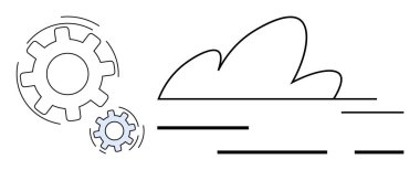 Yatay çizgileri hız ve veri akışını temsil eden bir bulut şeklinin yanında birbirine kenetlenmiş iki vites. Teknoloji, bulut hesaplama, yenilik, veri yönetimi ve otomasyon temaları için idealdir. Basit.