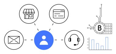 Merkezi kişi simgesi bir mağaza, web sitesi, e-posta, müşteri hizmetleri, engelleme zinciri ve bir bar tablosuna bağlıdır. Dijital ağ, iletişim, teknoloji entegrasyonu ve iş için ideal