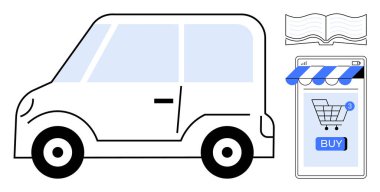 Beyaz araba, açık kitap ikonu ve alışveriş arabalı akıllı telefon ekranı. Araç satışları, e-ticaret, dijital işlemler, otomotiv, online alışveriş için ideal. Minimalist çizgi film tarzı