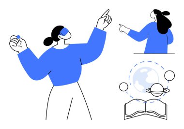 Mavi kazaklı kadın karakter çeşitli bilimsel ve eğitici unsurlarla etkileşime girer. Eğitim bilimi için ideal astronomi bilgi paylaşımı. Biçim minimalist basit tasarım