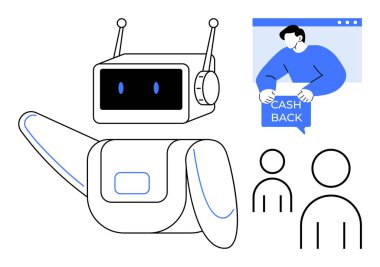 Dost canlısı robot, iki basit insan avatarı eşliğinde nakit karşılığı teklif sunan birini işaret ediyor. Teknoloji, finans, müşteri ilişkileri, reklam ve otomasyon için ideal