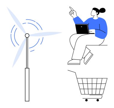 Dizüstü bilgisayar tutan ve alışveriş arabasının yanındaki rüzgar türbinini işaret eden kadın, teknoloji sürdürülebilirliği çevre dostu alışveriş ve yenilenebilir enerji temaları Modern minimalist temiz stil