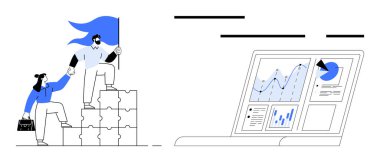 İki kişi, biri diğerine bulmaca parçalarına tırmanmada yardım ediyor, takım çalışmasının ve liderliğin sembolü. Sağda, veri analizini temsil eden grafik ve grafikleri gösteren bir dizüstü bilgisayar var. Takım çalışması için ideal