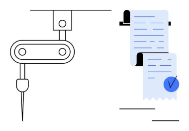 Siyah çizgili bir robotik kol, işaretli çift katmanlı mavi makbuzun yanında çalışır. Otomasyon, robot bilimi, mekanik süreçler, endüstriyel teknoloji ve kalite güvencesi için ideal