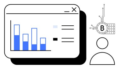 Bir kripto para birimi sembolü ve bir kullanıcının ana hatlarının yanındaki bir bilgisayar penceresindeki çubuk çizelgesi. Finans, teknoloji, veri analizi, kripto para birimi ve dijital yenilik için ideal. Minimalist stil