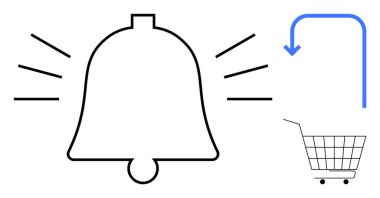 Soldaki sesi gösteren üç çizgili bir çan simgesi. Sağ tarafta bir alışveriş arabasını gösteren eğri mavi bir ok var. Çevrimiçi alışveriş, bildirimler, uyarılar, satışlar ve kullanıcı için ideal