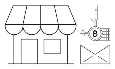 Kapısı ve güneşliği olan bir dükkan önü, devre ve zarf simgesine bağlı bir Bitcoin sembolü eşliğinde minimalist bir tarzda. E-ticaret, perakende, dijital para birimi ve teknoloji için ideal