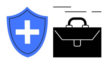 Blue shield with health cross on left and black business briefcase with handle on right. Ideal for themes of healthcare, business protection, medical insurance, corporate safety, and professional clipart