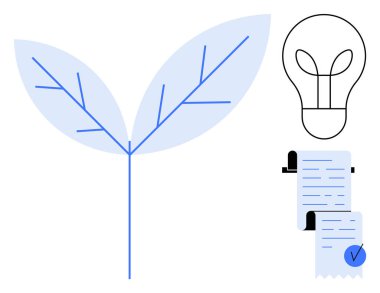 Bir yaprak, bir ampul ve bir kontrol listesi gösteren minimalist mavi ve beyaz bir tasarım. Sürdürülebilirlik, yenilik, üretkenlik, planlama ve çevresel farkındalık temaları için idealdir. Vektör biçimi