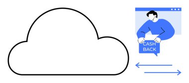 Bulut dijital depolamayı sembolize ederken, nakit para çekme levhası tutan kişi de mali teşviği simgeliyor. E-ticaret için ideal, dijital pazarlama, online alışveriş, teknoloji hizmetleri, fintech. Basit.