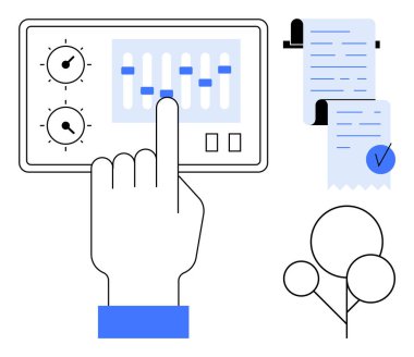 A hand adjusting settings on a control panel, a checklist with a blue checkmark, and connected circles. Ideal for technology, organization, settings, planning, and management themes. Simple line art clipart