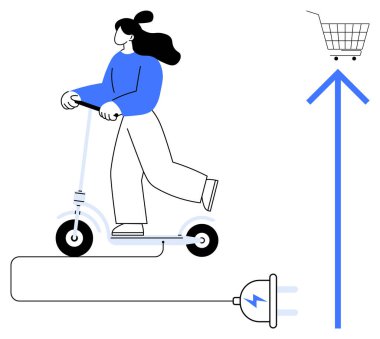 Alışveriş konsepti. Bir kadın elektrikli scooterla mavi bir ok boyunca alışveriş arabasına doğru gidiyor ve kentsel alışveriş için çevre dostu ulaşımın kolaylığını vurguluyor. E-ticaret için ideal.