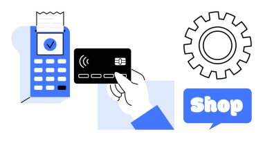 Dükkan konsepti. Posta terminalinin yanında içinde makbuz, vites sembolü ve metin olan bir kredi kartı tutan bir el. Ecommerce, teknoloji, alışveriş, iş ve finans için ideal. Minimalist, modern