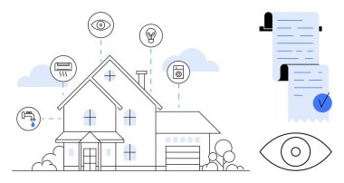 Güvenlik kamerası, ampul, havalandırma, çamaşır makinesi ve su musluğu gibi çeşitli cihazları olan modern bir ev. Akıllı ev teknolojisi, ev otomasyonu, enerji verimliliği, güvenlik için ideal
