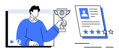 Yıldız dereceli bir profil incelemesinin yanında bilgisayar ekranında bir kupa tutan kişi. Çevrimiçi ödüller, sanal olaylar, çalışan tanıma, çevrimiçi profiller ve performans değerlendirmeleri için ideal