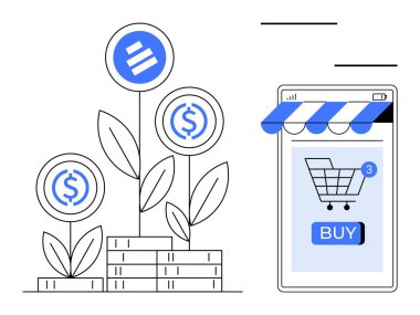 Akıllı bir telefonun yanında, içinde alışveriş arabası olan ve satın alma düğmesi olan bozuk paralarla büyüyen bitkiler. E-ticaret, mali büyüme, çevrimiçi yatırımlar ve dijital konular için ideal