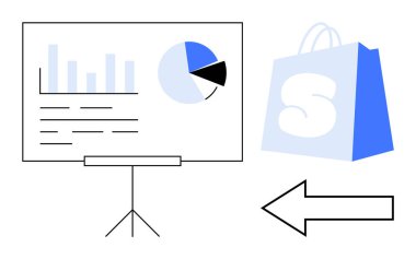 Çubuk grafikler ve pasta grafiklerinin yer aldığı bir sunum tahtası yanında bir alışveriş torbası varken bir tripodun üzerinde duruyor. Sol tarafı işaret eden bir ok. İş raporları, satış analizleri, perakende pazarlama ve veri için ideal