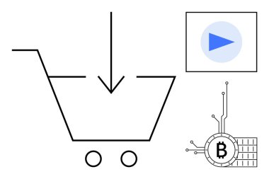 Basit bir alışveriş arabası tasarımı, içinde iki tekerlek ve aşağı doğru ok var. Bu da arabaya eklendiğini gösteriyor. Sağında devreler ve tepesinde bir çalma tuşu olan bitcoin sembolü. E-ticaret finans teknolojisi için ideal