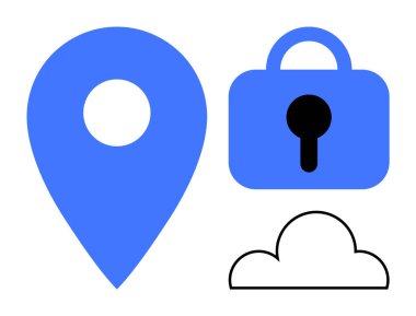 Üzerinde siyah anahtar deliği olan mavi bir kilidin yanında büyük mavi konum simgesi ve basit bir çizgi bulutu. Siber güvenlik bulutu gibi gizlilik veri koruması ve navigasyon gibi konular için ideal