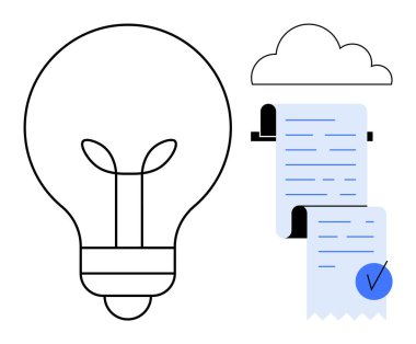 Bulut simgesi ve dijital makbuzların yanında ampul var. Teknoloji, yenilik, bulut depolama, dijital işlemler ve modern finans için ideal. Basit asgari satır biçimi