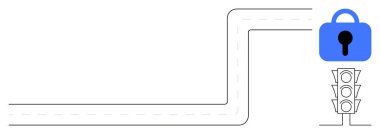 Mavi bir asma kilidin yanındaki trafik ışığına çıkan kıvrımlı bir yol. Güvenlik, yol güvenliği, trafik yönetimi, veri koruması, dijital güvenlik için ideal. Temiz, modern tasarım