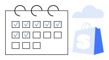 İşaretli kutulu bir takvim. Üzerinde S harfi ve arkasında bulut olan mavi bir alışveriş çantası. Zaman yönetimi, alışveriş, organizasyon, verimlilik ve planlama için ideal. Basit vektör