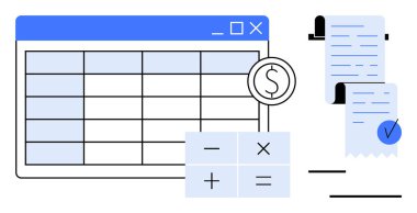 Finansal semboller, hesap makinesi ve faturalarla detaylı bir dijital hesap tablosu arayüzü. Finans, bütçe, muhasebe, veri yönetimi ve iş planlama konuları için idealdir. Basit.