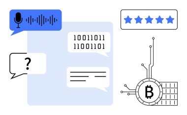 Chat bubbles with text and binary code, voice recognition symbol, cryptocurrency icon, and star rating. Ideal for technology, communication, cryptocurrency, reviews, and AI. Flat vector style with clipart