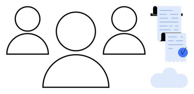 Belgelerin yanında işaretli ve bulutlu üç insan figürü var. Takım çalışması, işbirliği, belge paylaşımı, bulut depolama ve verimlilik için ideal. Basit modern biçim